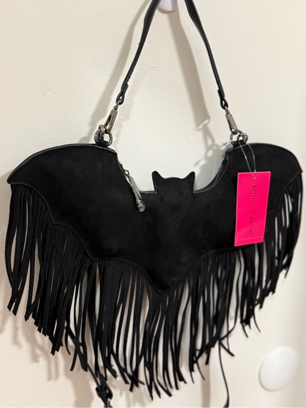 Betsey Johnson Black Bat Fringe Shoulder Bag - Picture 3 of 5